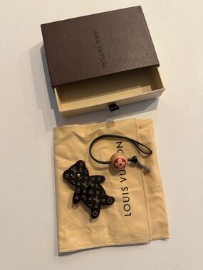 Louis Vuitton Black Monogram Bear Charm with Red & Beige Bead